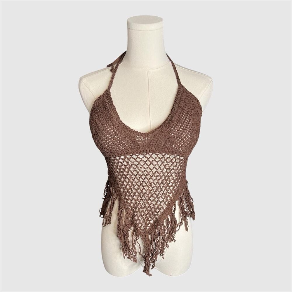 Sans Souchi Brown Fringe Crochet Halter Top Festival Concert